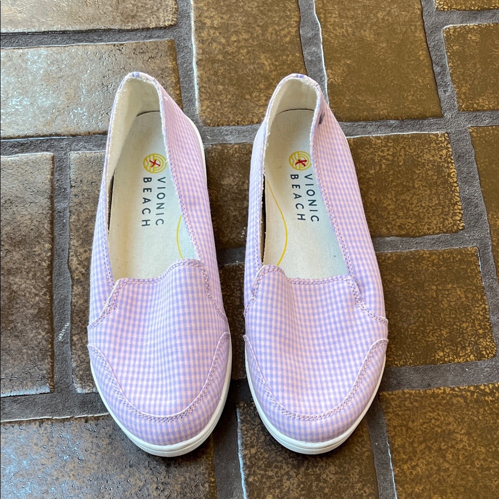 Vionic Beach Purple & Pink Gingham Manzanita Linen Comfort Slip-On Sneakers